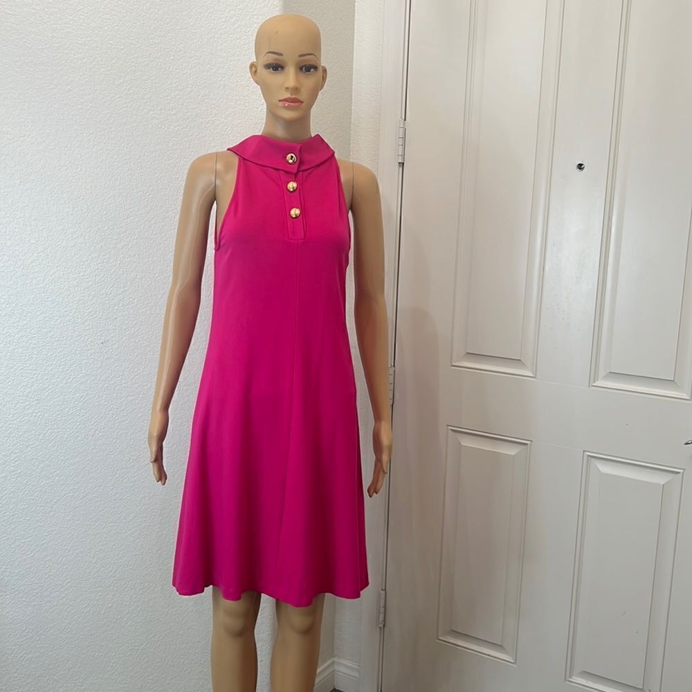 1901 Dress Hot Barbie Pink Gold Size 4 Halter Button Collar Neck Sleeveless Midi